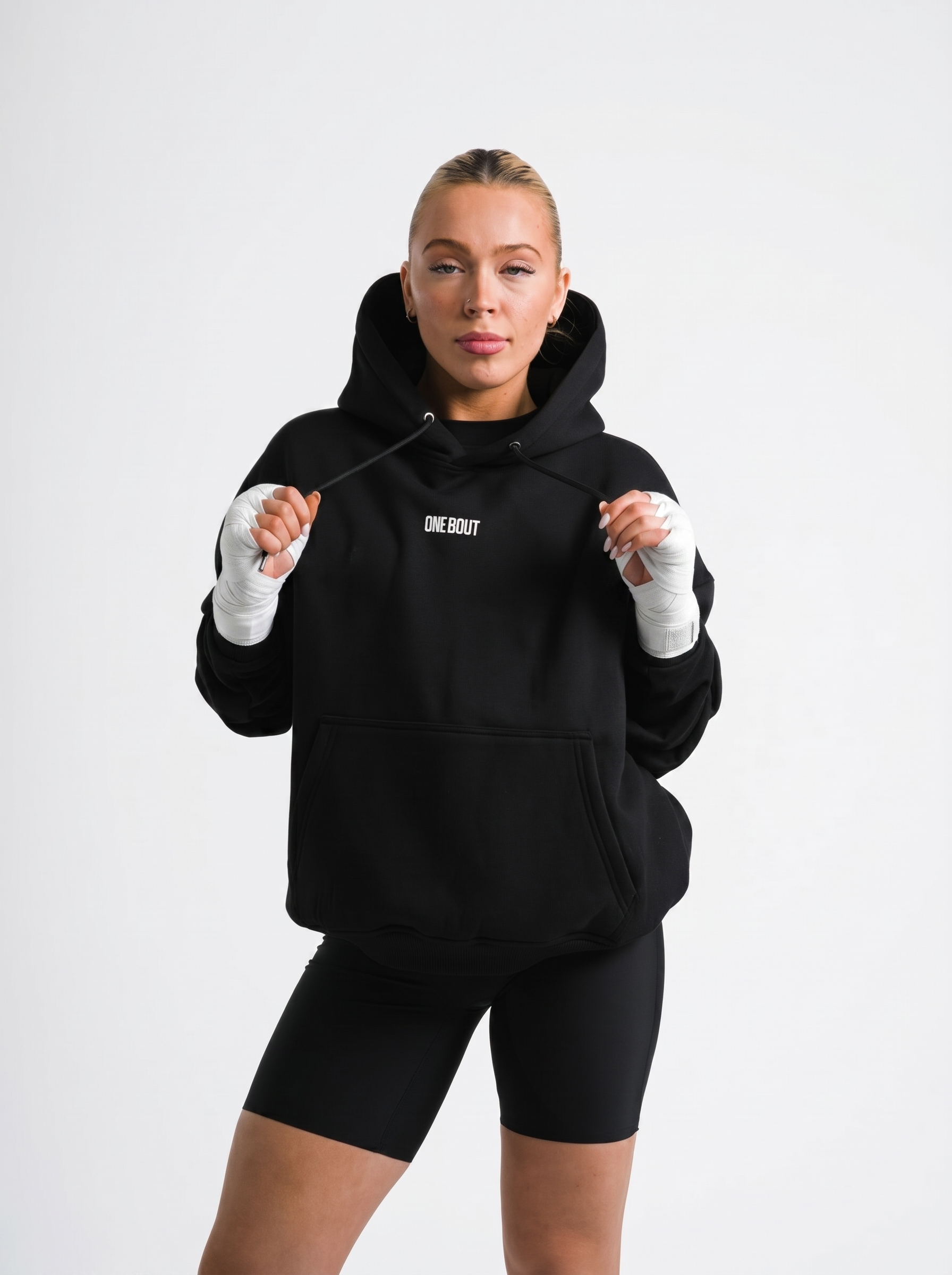 Black One Bout Women's Script Oversized Hoodie (Limited) on model