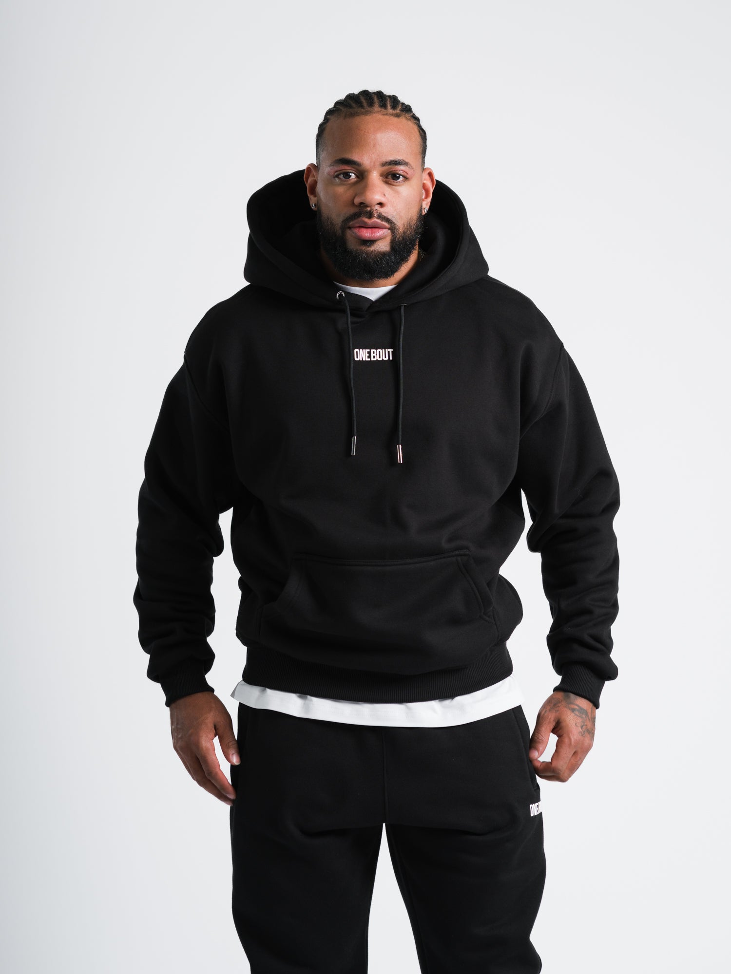 ONE BOUT Men's Script Oversized Hoodie in Black — angle