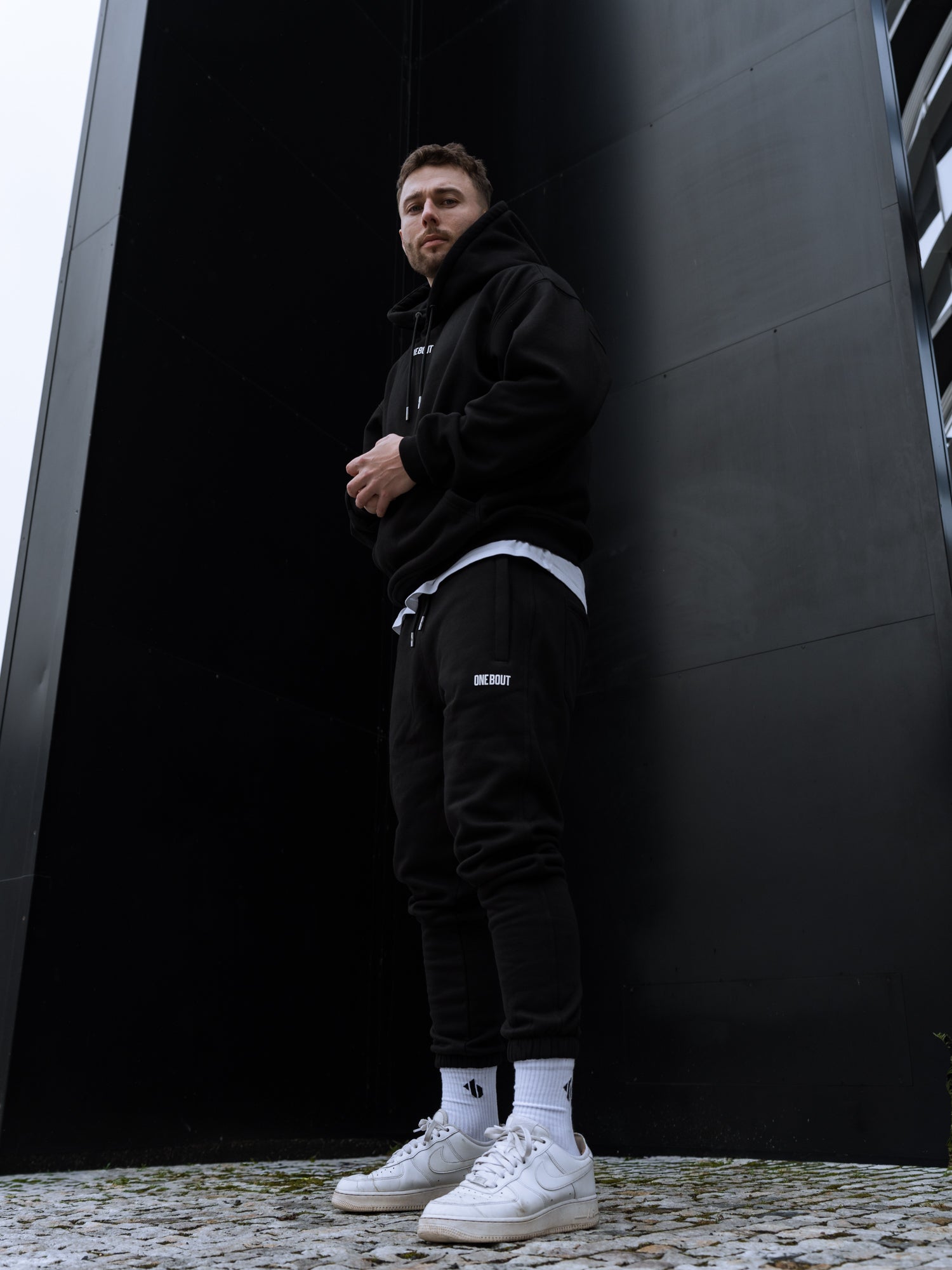 ONE BOUT Men's Script Bottoms in Black — close-up