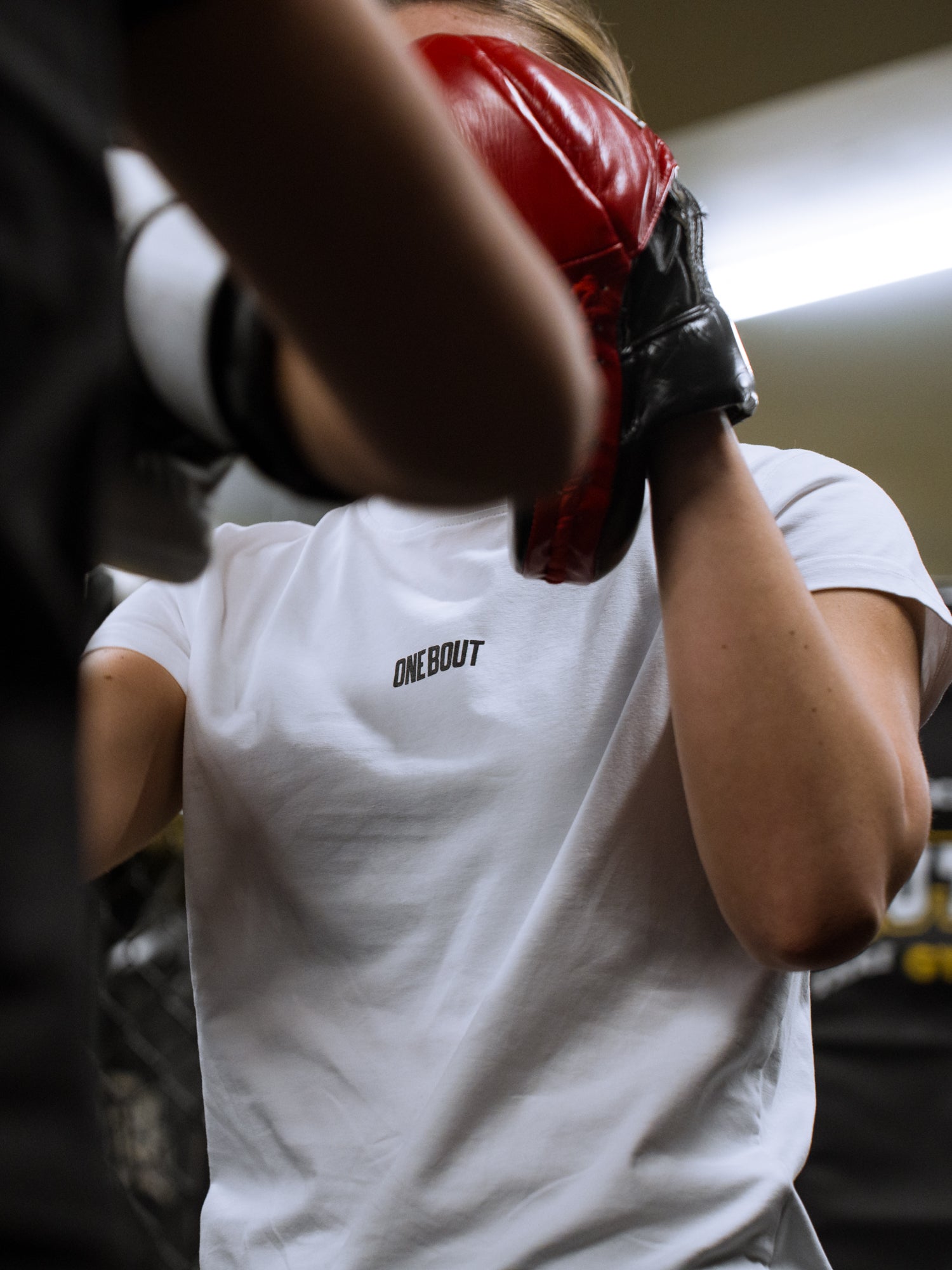 ONE BOUT Women's Script T-Shirt in White — close-up