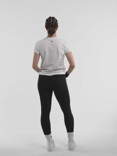 Female model in white ONE BOUT Script T-Shirt — fit and movement