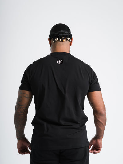 Male model wearing black One Bout Script T-Shirt Limited edition back view