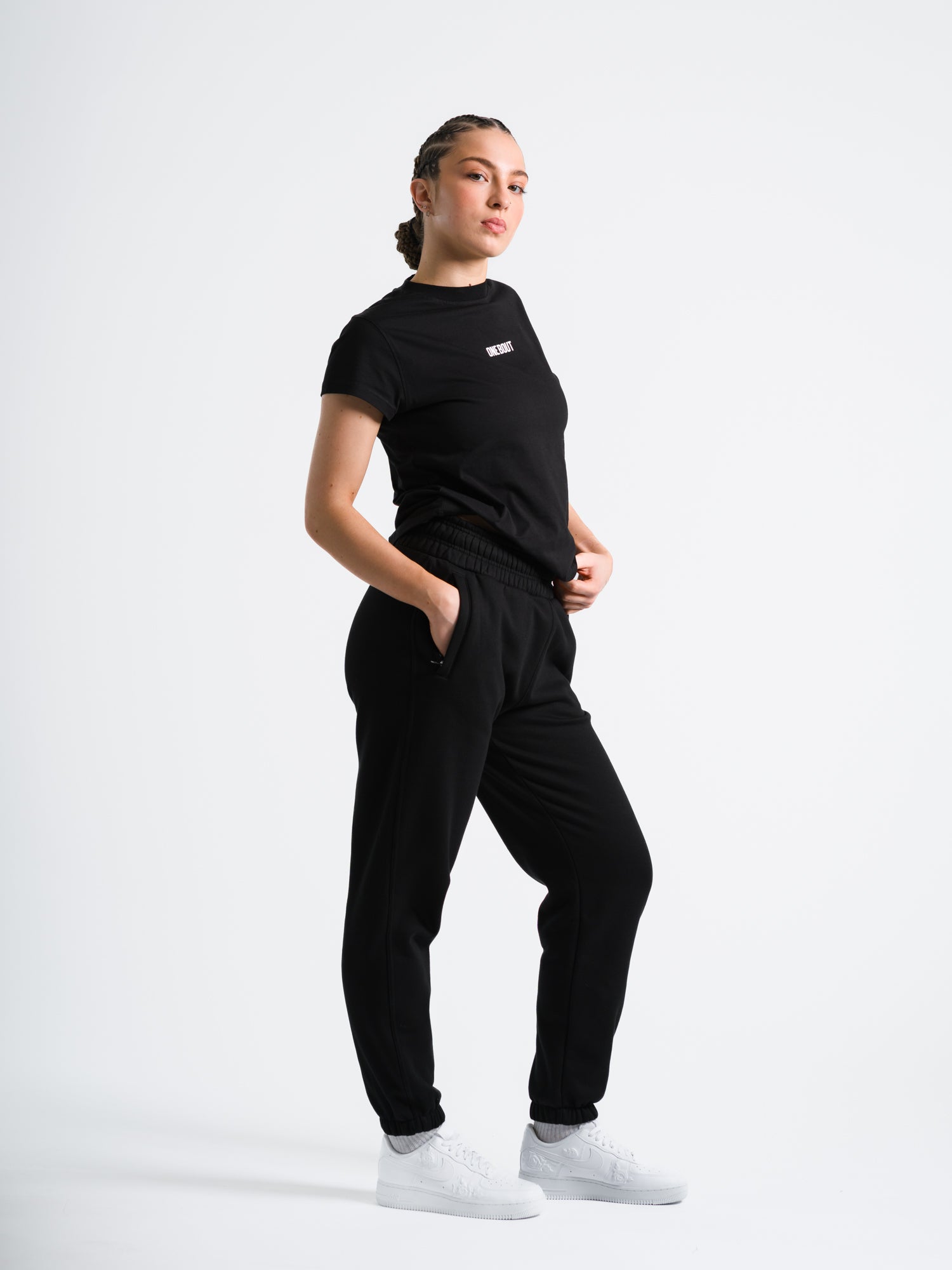 ONE BOUT Women's Script T-Shirt in Black — angle